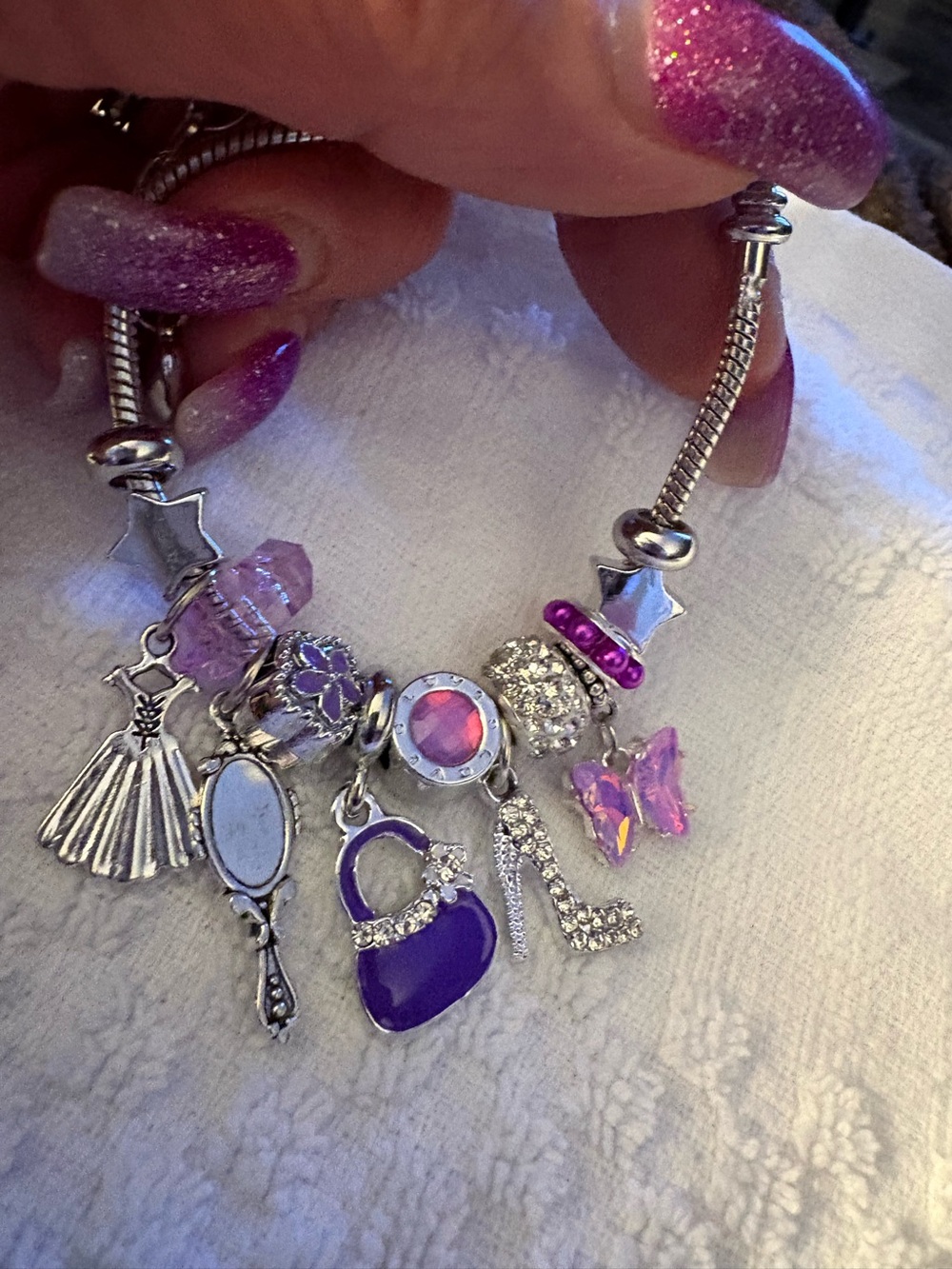 Bracelets- Silver Tone Stainless Steel Charm Bangle Bracelet, Charms with Rhin